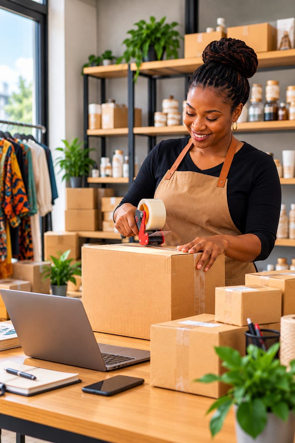 Small-business owner taping up a parcel for shipping